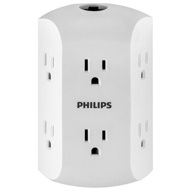 Philips 6Outlet Extender Grounded Wall Tap Reset Button Circuit Breaker Adapter Spaced Outlets 3Prong Multiple Plug Quick and Easy Install Cruise Essentials UL Listed White SPS1460WA37