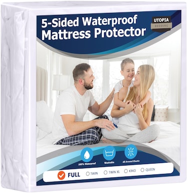 Utopia Bedding Waterproof 5Sided Mattress Protector Full Size Premium Breathable Mattress Cover Fitted Style with Stretchable Pockets White