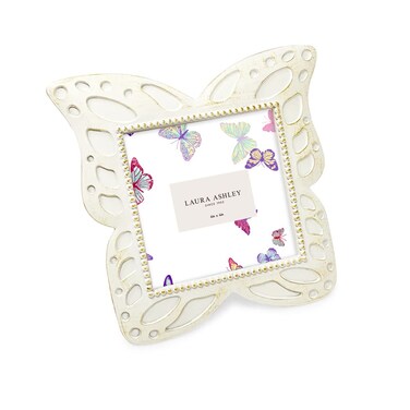Laura Ashley4x4 White with Gold Resin Butterfly Picture Frame with Dotted Edges Photo Frame with Black Fabric Easel Made for Tabletop  WallHanging Display 4x4 White with Gold