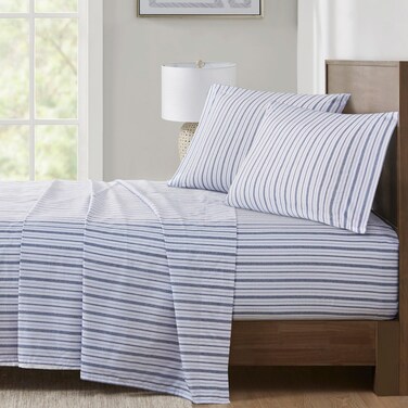 Madison Park Essentials 100 Cotton Sheets BreathableSoft Cotton Bed Sheets Printed Design Elastic Pocket Cotton Sheet Set Fits Up to 17 Mattress All Season Queen Blue Stripes 4 Piece