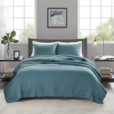 Madison Park Keaton Quilt SetCasual Channel Stitching Design All Season Lightweight Coverlet Bedspread Bedding Shams FullQueen90x90 Stripe Teal