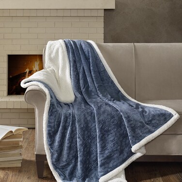 Madison ParkElma Luxury Oversized Textured Plush Throw Blue 6070 Premium Soft Cozy Embossed Micro Velour For Bed Coach or Sofa