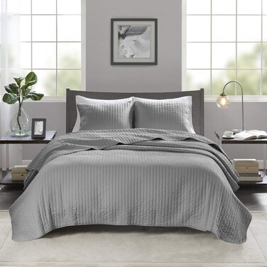 Madison Park Keaton Quilt SetCasual Channel Stitching Design All Season Lightweight Coverlet Bedspread Bedding Shams TwinTwin XL68x90 Stripe Grey 2 Piece