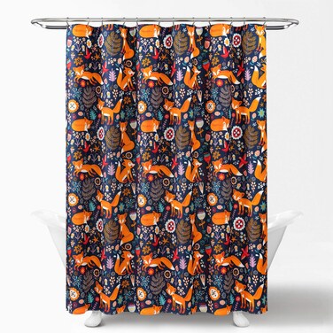 Lush Decor Navy Pixie Fox Shower CurtainFabric Floral Animal Print Design x 72