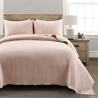 Lush DecorSolid Kantha Pick Stitch Yarn Dyed Cotton Woven 3 Piece QuiltCoverlet Set FullQueen Blush