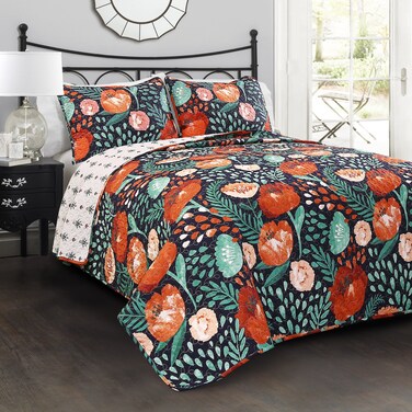 Lush Decor3 Piece Poppy Garden Quilt Set King Navy