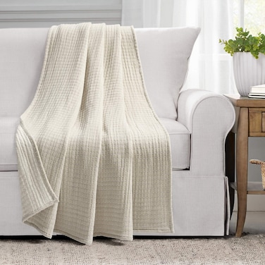 Lush Decor Solid Kantha Pick Stitch Yarn Dyed Cotton Woven Throw Blanket 60 x 50 Neutral  OffWhite
