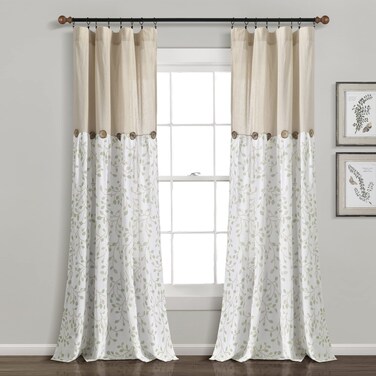 Lush Decor Linen Button Botanical Garden Window Curtain Panel Single Panel 84 L X 40 W Neutral  Green