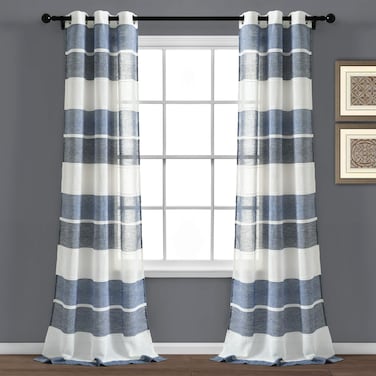 Lush Decor Navy Textured Striped Grommet Sheer Window Curtain Panel Pair 84 x 38