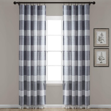Lush Decor Tucker Stripe Yarn Dyed Cotton Knotted Tassel Window Curtain Panel Pair 95 x 40 Navy