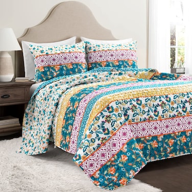 Lush DecorEmily Boho Stripe Reversible 3 Piece Quilt Set FullQueen Turquoise