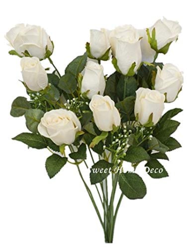 Sweet Home Deco 18 Silk Rose Bud Artificial Flower Bush 12 Stems12 Flowers Wedding Home Decoration White