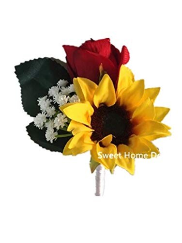 Sweet Home Deco Silk Sunflower Rose Babysbreath Wedding Bouquet Bridal Bouquet Bridesmaid Bouquet Boutonnere in YellowRed YellowRedBoutonniere