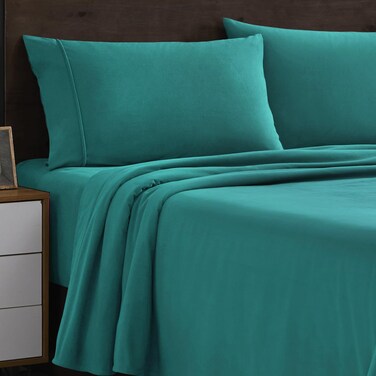 Flannel Sheets Queen Size Warm and Cozy Deep Pocket Breathable All Season Bedding Set with Fitted with Full Elastic  Built in Corner Sheet Straps Flat and Pillowcases Queen Teal
