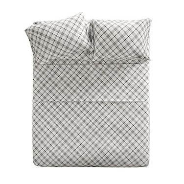 Comfort Spaces Cotton Flannel Breathable Warm Deep Pocket Sheets With Pillow Case Bedding Twin Grey Plaid 3 Piece
