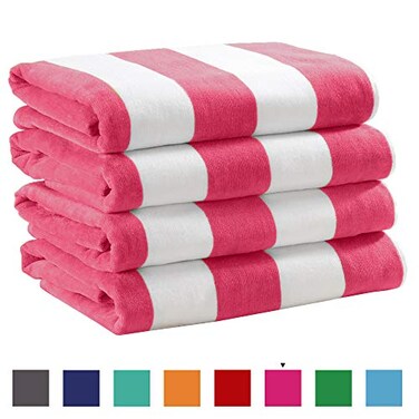Great Bay Home 100 Cotton Velour 4 Pack Beach Towels  Cabana Pool Towels  Quick Dry Large Swim Towels for Adults and Kids 4 Pack 30 x 60 Pink Green Orange Navy