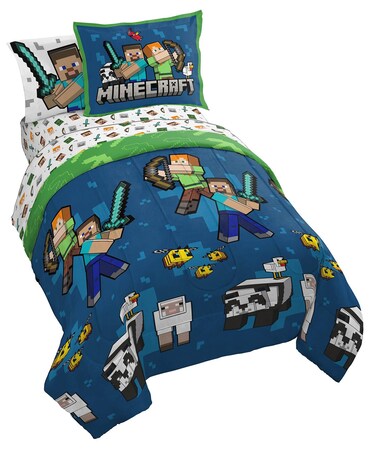 Jay Franco Minecraft Twin Comforter Set  5 Piece Bedding Includes Sheet Set  Pillow Covers  Super Soft Kids Bedding Features Creeper  Zombie