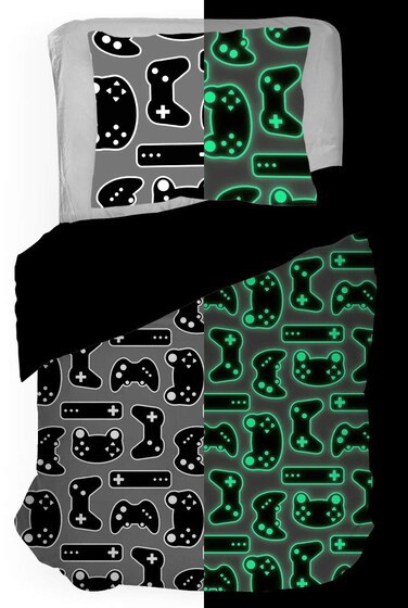 Jay Franco Trend Collector Game On Glow in The Dark Twin Comforter  Sham Set  Super Soft Kids Bedding Features Video Game Contollers  Fade Resistant Microfiber
