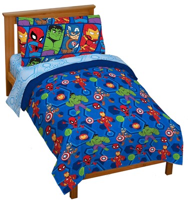Jay Franco Marvel Super Hero Adventures Hero Together 4Piece Toddler Bed Set Super Soft Microfiber Bed Set Includes Toddler Size Comforter  Sheet Bedding Features The Avengers Official Product