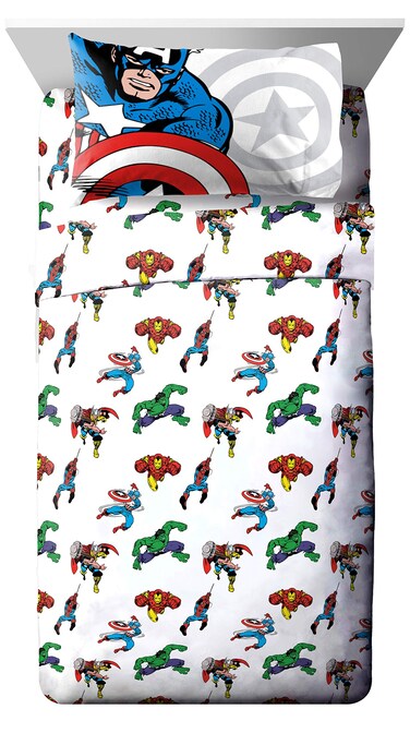 Jay Franco Marvel Avengers Comic Cool Full Sheet Set4 Pc Set Super Soft and Cozy Kids Bedding Features Captain America Spiderman  Iron ManFade Resistant Microfiber Sheets Official Marvel Product