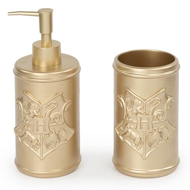 Harry Potter Bathroom Soap Dispenser Set  2 Piece Gold Hogwarts Crest Collection includes Resin Lotion Pump and Tumbler Cup  Bathroom Dcor