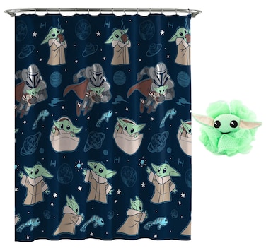Jay Franco Star Wars The Mandalorian 2 Piece Bathroom Set  Grogus Galaxy Shower Curtain  Baby Yoda Loofah Body Scrubber