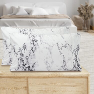 Elegant ComfortPattern Printed Pillowcases 2Piece Set Egyptian Quality Microfiber 1500 Thread Count  Classic Design Soft and Smooth Weave Wrinkle Resistant Marble Queen Pilllowcase White