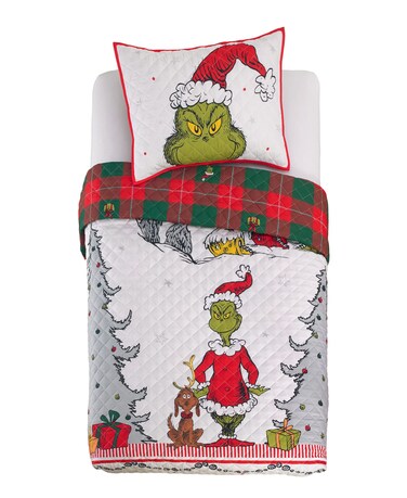 Franco Grinch by Dr Seuss Holiday Bedding Super Soft Pillow Sham and Quilt Set FullQueen Size 88 x 92 100 Officially Licensed Product