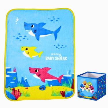 Franco Baby Shark Kids Bedding Plush Throw and Canvas Storage Cube Bin 2pc Set Officially Licensed Product