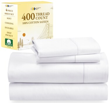 California Design Den Queen Size Bed Set Good Housekeeping Award Winner 400 Thread Count 100 Cotton Sheets Sateen Deep Pocket Queen Sheets Extra Soft Bed Sheets Cooling Sheets White