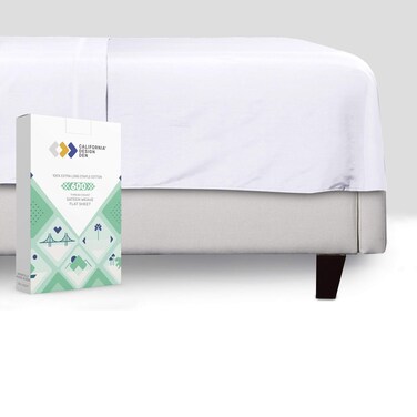 California Design DenLuxury King Size Flat Sheet Only  100 Cotton 600 Thread Count Soft and Breathable Top Sheet Sateen Weave Hotel Quality Featuring Foot Side Indicator  Bright White