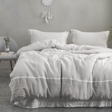 SimpleOpulence 100 Linen Duvet Cover Set Comforter King Size 104 x 923pcs French Washed Flax Textured Soft Bedding with Striped Detail 1 Duvet Cover and 2 Pillowcases Grey