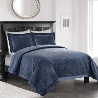 SimpleOpulence Velvet Lavish Design with Brushed Microfiber 3pcs Bedspreads Luxury Pattern Soft Solid Coverlet Set Antique Blue King