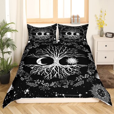 Tree of Life Bedding Set Sun and Moon Comforter Cover King Kids Teens Bedroom Decor Black and White 3 Pcs Duvet Cover Gothic Bohemian Flower Bedding Galaxy Stars Constellations Bedspread