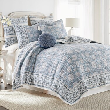 Levtex HomeAdare Blue Quilt Set  FullQueen Quilt and Two Standard Shams  Bordered Floral  Blue Navy and White  Quilt 88x92in and Shams 20x26in  Reversible  Cotton