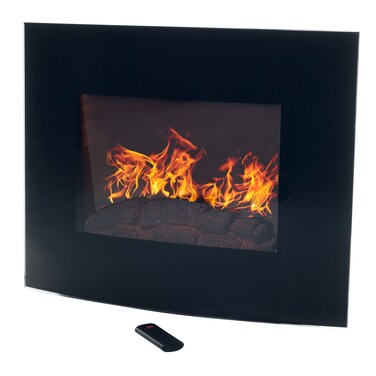 Northwest255Inch Wall Mounted Electric Fireplace  Curved Glass Heater with Log Fuel Effect Adjustable Flames and Remote Control Black