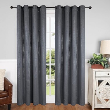 SUPERIOR Shimmer Blackout Curtain Set of 2 Thermal Insulated Panel Pair with Grommet Top Header Chic Metallic Embellished Room Darkening Drapes Available in 4 Lengths  Grey 52 x 96 Each