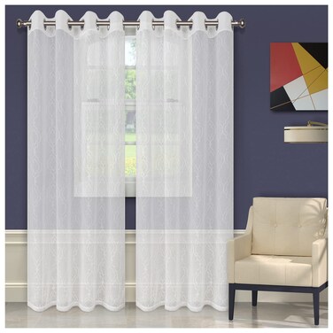Superior Quality Lightweight Embroidered Imperial Trellis Sheer Stainless Grommets Window Treatment Curtain Panel Set of 2 52 x 108  White