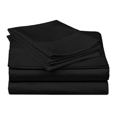 Superior Egyptian Cotton 300 Thread Count Bed Sheet Set 1 Elastic Deep Pocket Fitted Sheets 1 Flat Sheet 2 Pillowcases Soft Bedding Luxury Sheets Sateen Weave Full Black