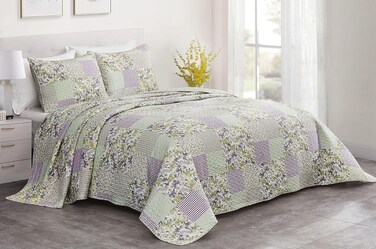 Chezmoi Collection Daisy 3Piece Printed Patchwork Quilt Set  Purple Butterfly Botanical Candy Stripe Checkered Coverlet  PreWashed Microfiber Lightweight Reversible Bedspread Full Size