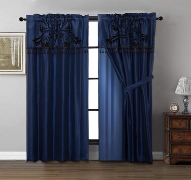 Chezmoi Collection Nobility 4Piece Flocked Floral Faux Silk Window Curtain Set with Sheer Backing Valance NavyBlack