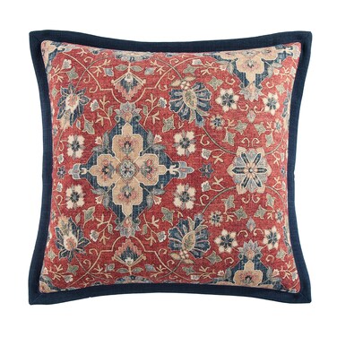 HiEnd Accents Washed Linen Melinda Euro Sham Pillow Cover 27x27 inch Navy Blue and Red Floral Medallion Rustic Traditional Western Style Luxury Bedding