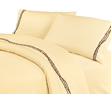 HiEnd Accents  Barbwire Western Bedding 4 Piece Super Queen Sheets Set Cream with Brown Embroidery Rustic Cabin Theme Bed Set 350 Thread Count Sheet Sets with Flat Sheet Fitted Sheet Pillowcases