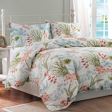 Hiend Accents Oceania Coastal Bedding 3 Piece Super Queen Duvet Cover Set Blue Green White Red Coral Print Linen Blend Bedding Set Classic Chic Casual Bed Set 1 Comforter Cover and 2 Pillow Shams