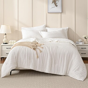 JELLYMONI Seersucker Comforter Set Queen Size with Sheets White Fluffy Bed in a Bag 7Pieces All Season Bedding Sets with Comforter Pillow Sham Flat Sheet Fitted Sheet Pillowcases