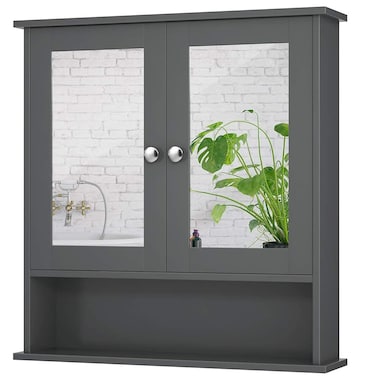 HOMGX Wall Mounted Wooden Bathroom Cabinet Wood Storage Cabinet wDouble Mirror Doors Wall Hanging Shelves Organizer wRound Knob OverToilet Cabinet for Bathroom Kitchen Bedroom Gray