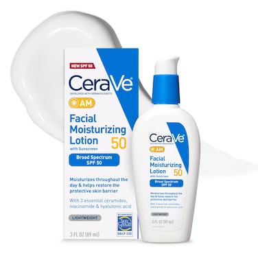 CeraVe AM Facial Moisturizing Lotion SPF 50  Face Moisturizer with SPF Hyaluronic Acid Niacinamide  Ceramides  NonGreasy  Blends Seamlessly With No White Cast  Non Comedogenic Sunscreen  3 Oz