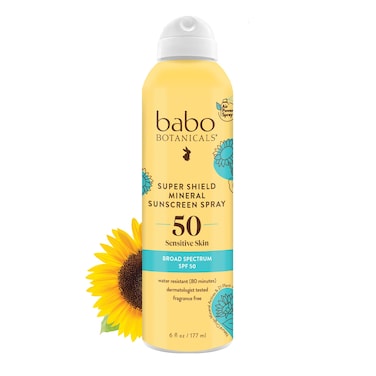 Babo Botanicals Super Shield Mineral Sunscreen Spray SPF 50  Natural Zinc Oxide  Titanium Dioxide  Extra Sensitive Skin  Water Resistant  Vegan  FragranceFree  AirPowered Spray  For all ages