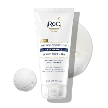 RoC Retinol Correxion Deep Wrinkle Serum Facial Cleanser with Niacinamide for AntiAging and Fine Lines LongWear Makeup Remover Fragrance Free Skin Care Opthalmologist Tested 6 Ounces