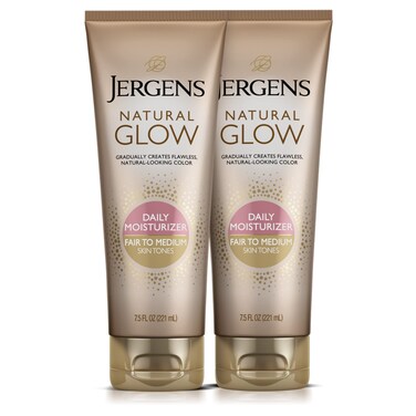 Jergens Natural Glow Sunless Tanning Lotion Self Tanner Fair to Medium Skin Tone Daily Moisturizer 75 Oz Pack of 2